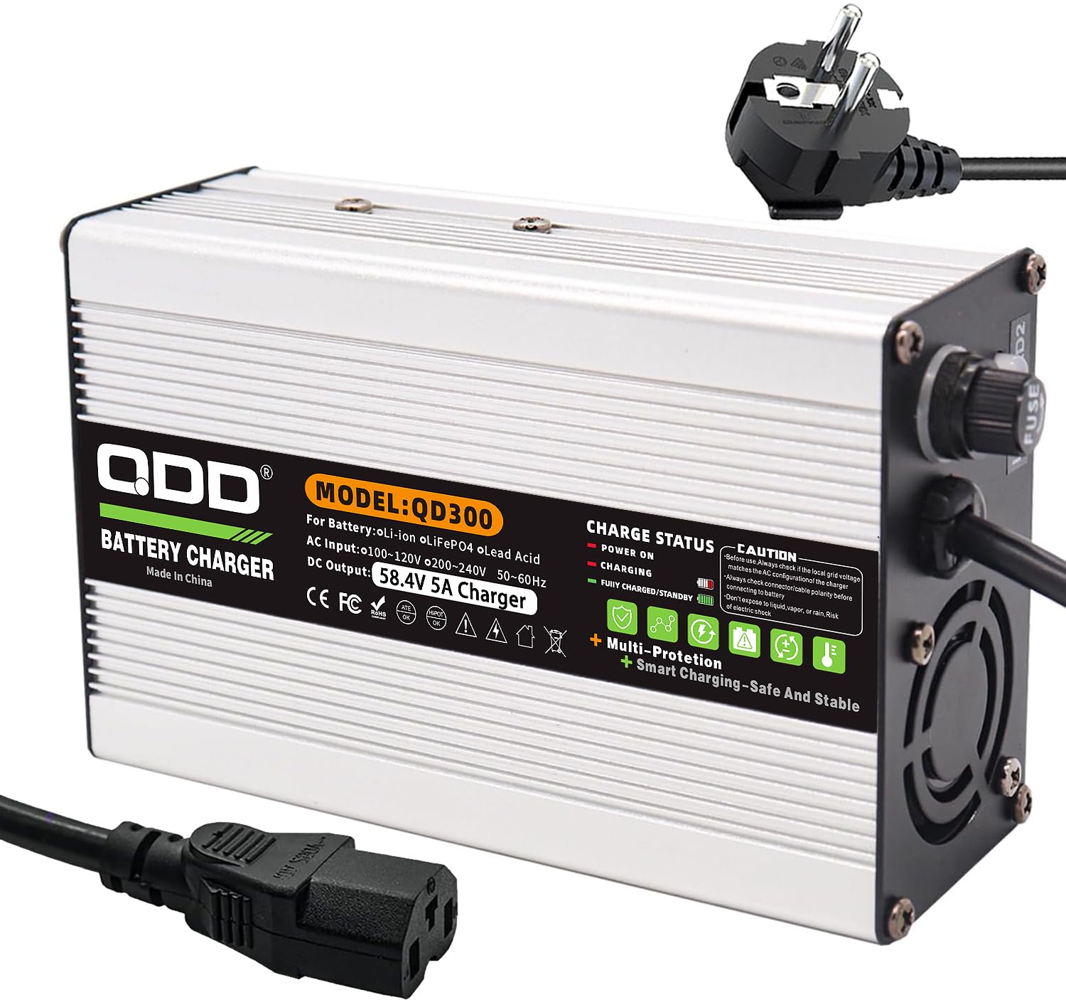 QDD Caricabatterie 58,4 V 5 A 58,4 V LiFePO4 Caricabatterie DC C13 N+ Connettore L per batteria LiFePO4 16S 48 V LiFePO4