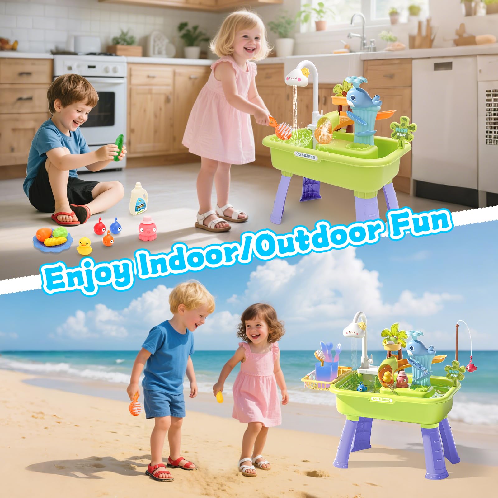 deAO 4 IN 1 Juego de Mesa de Arena y Agua, Multifuncional Electrico Fregadero Cocina Juguete, Pesca, Vajilla que Cambia de Color, Accesorios de Cocina, Juguetes para Exterior Regalo para Niños 3+ Años