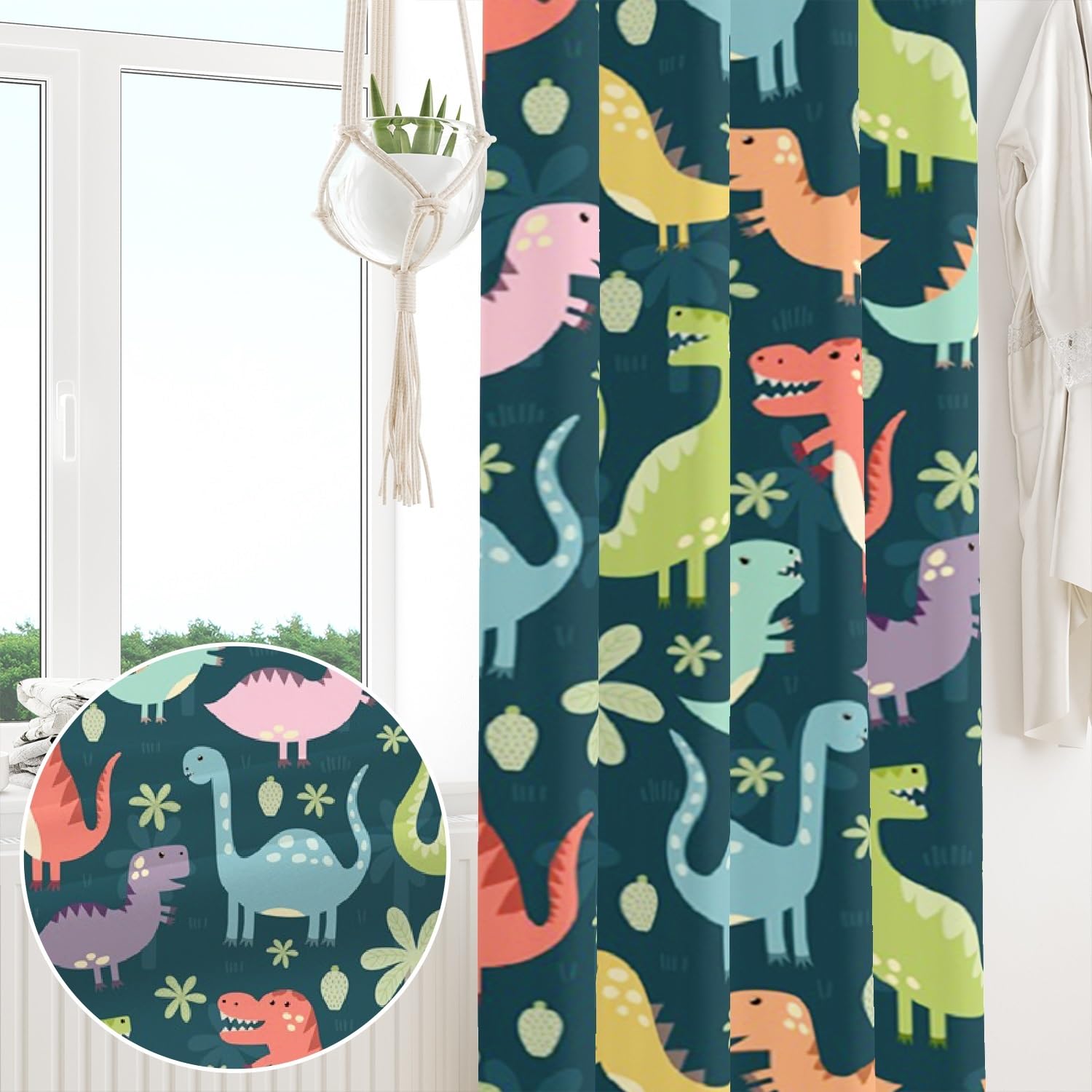 107x160cm Dessin animé Dinosaure Garçons Filles Rideau à œillets pour Chambre d'enfant Coloré Dino Mignon Animaux Rideaux occultants Thermiques pour Salle de Jeux bébé,2 Panneau