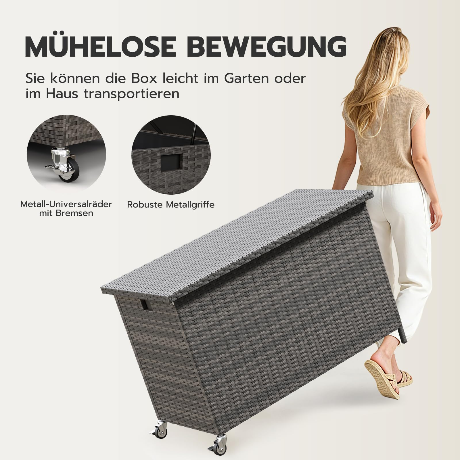 Amopatio 310L Gartenbox Auflagenbox wasserdicht, Kissenbox Outdoor aus Polyrattan, Aufbewahrungsbox Metall mit Rollen & Gasdruckfedern, Gartenkiste wetterfest für Garten, Balkon, Grau