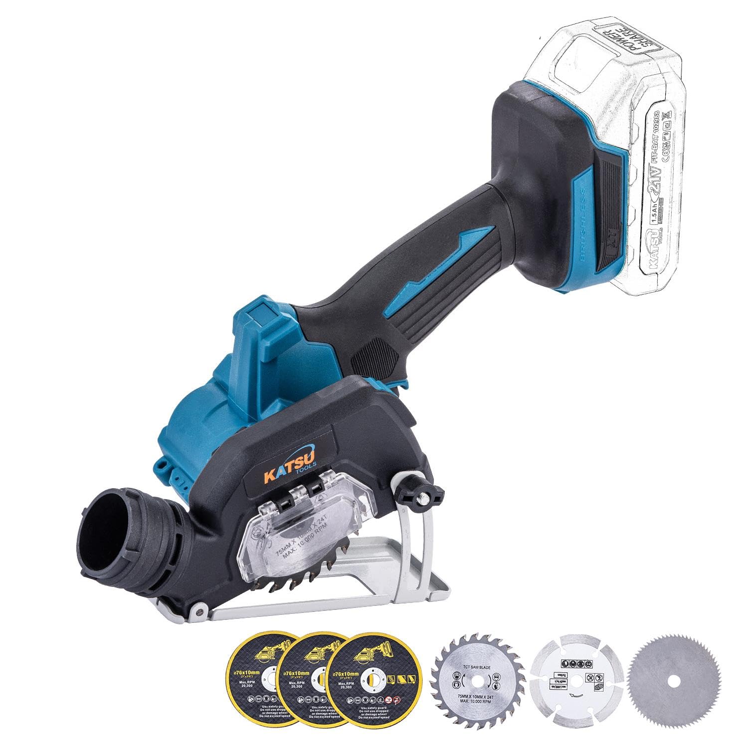 KATSU FIT-BAT Mini Smerigliatrice Angolare 3" Brushless a Batteria, Utensile da Taglio Compatto, 6 Lame Incluse, per Metallo, Legno, Piastrelle e Plastica, Senza Batteria e Caricatore