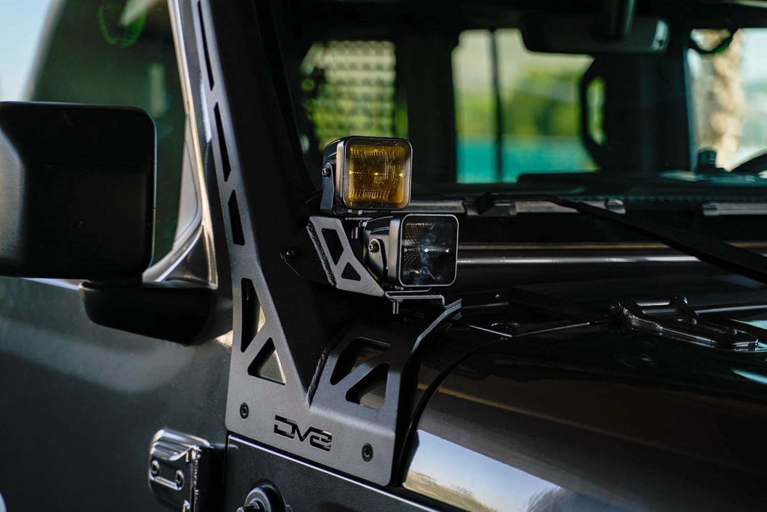 DV8 Offroad 50" Light Bar Mount for 2018-2026 Jeep Wrangler JL & 2020-2026 Gladiator JT | Optional 3" Pod Light Mounts | Sleek Low-Profile Design | Black Powder Coat (A-Pillar Dual Light Pod Mounts)