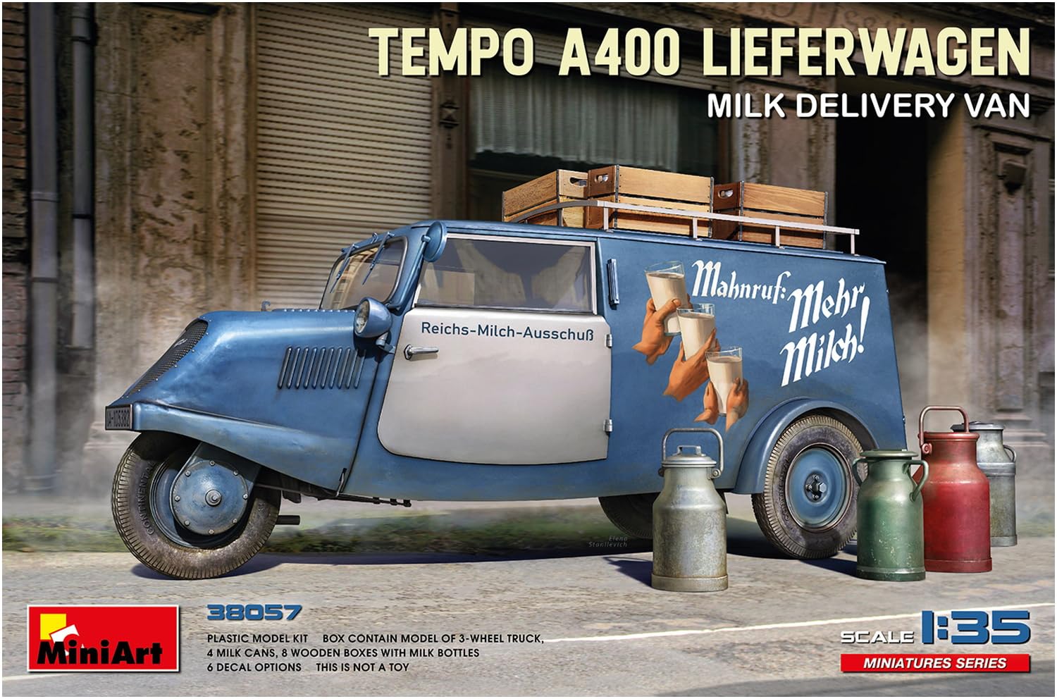 Mini Art 38057 1:35 Tempo A400 wózek dostawczy mleko – wierna replika, modelarstwo, plastik, zestaw do montażu, majsterkowanie, hobby, klejenie, zestaw modelarski, montaż, nielakierowany
