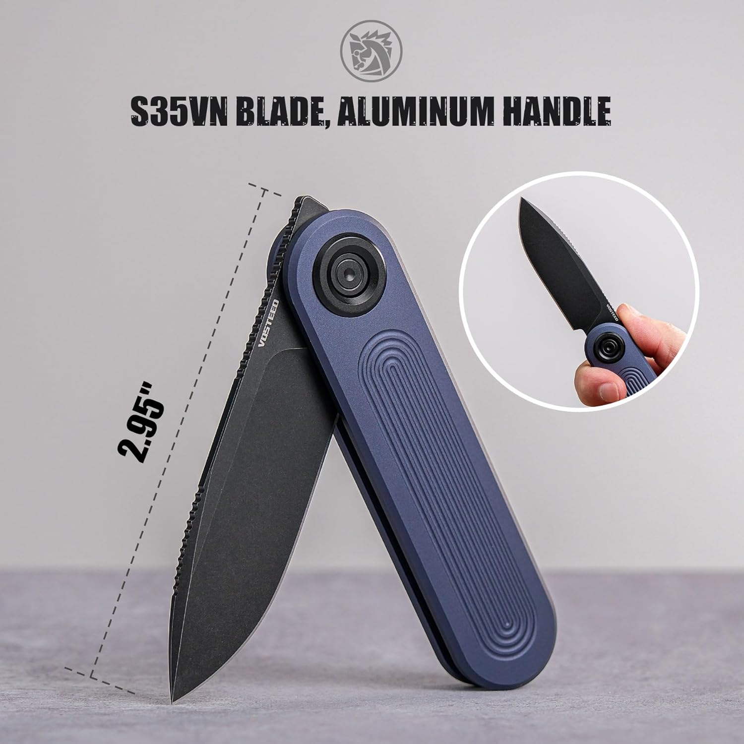 Vosteed Corgi® V 295 EDC Folding Pocket Knife - 2.95" S35VN Blade - Vanchor Lock®, Dark Slate Blue Aluminum Handle with Belt Clip - Camping, Hiking Knives - A3706
