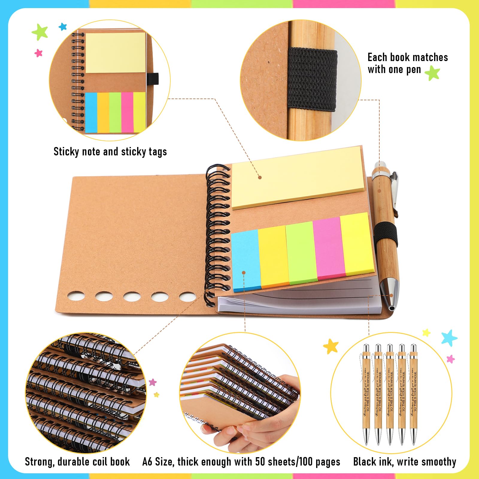 Chuangdi Set di 20 quaderni motivazionali a spirale con note adesive e penna motivazionale in bambù per insegnanti, collaboratori (Kraft)
