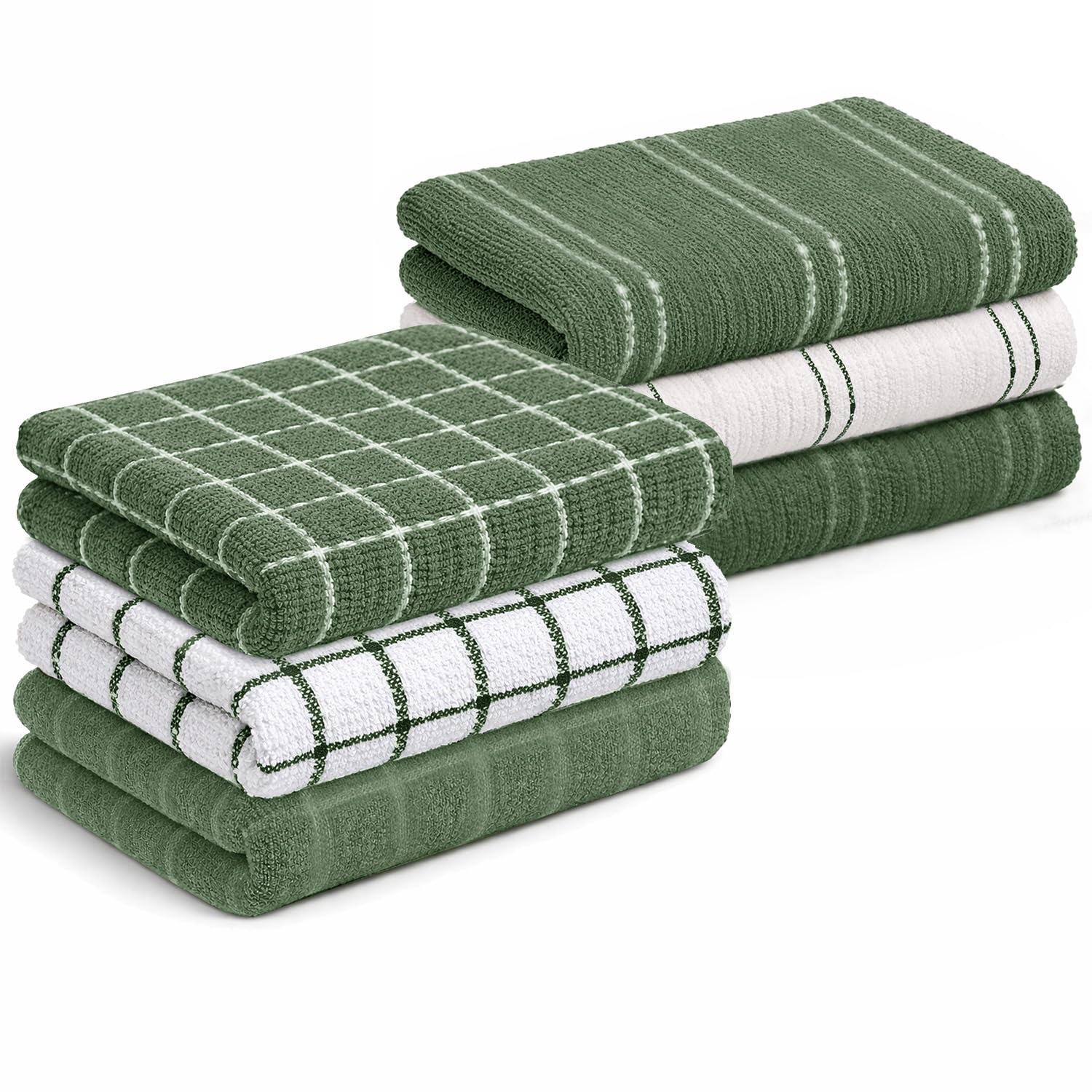 Velosso Pack of 6-100% Cotton Striped & Checked Tea Towels Set โ Kitchen Towels, Soft Absorbent Everyday Dish Cloths for Drying & Cleaning (Green)
