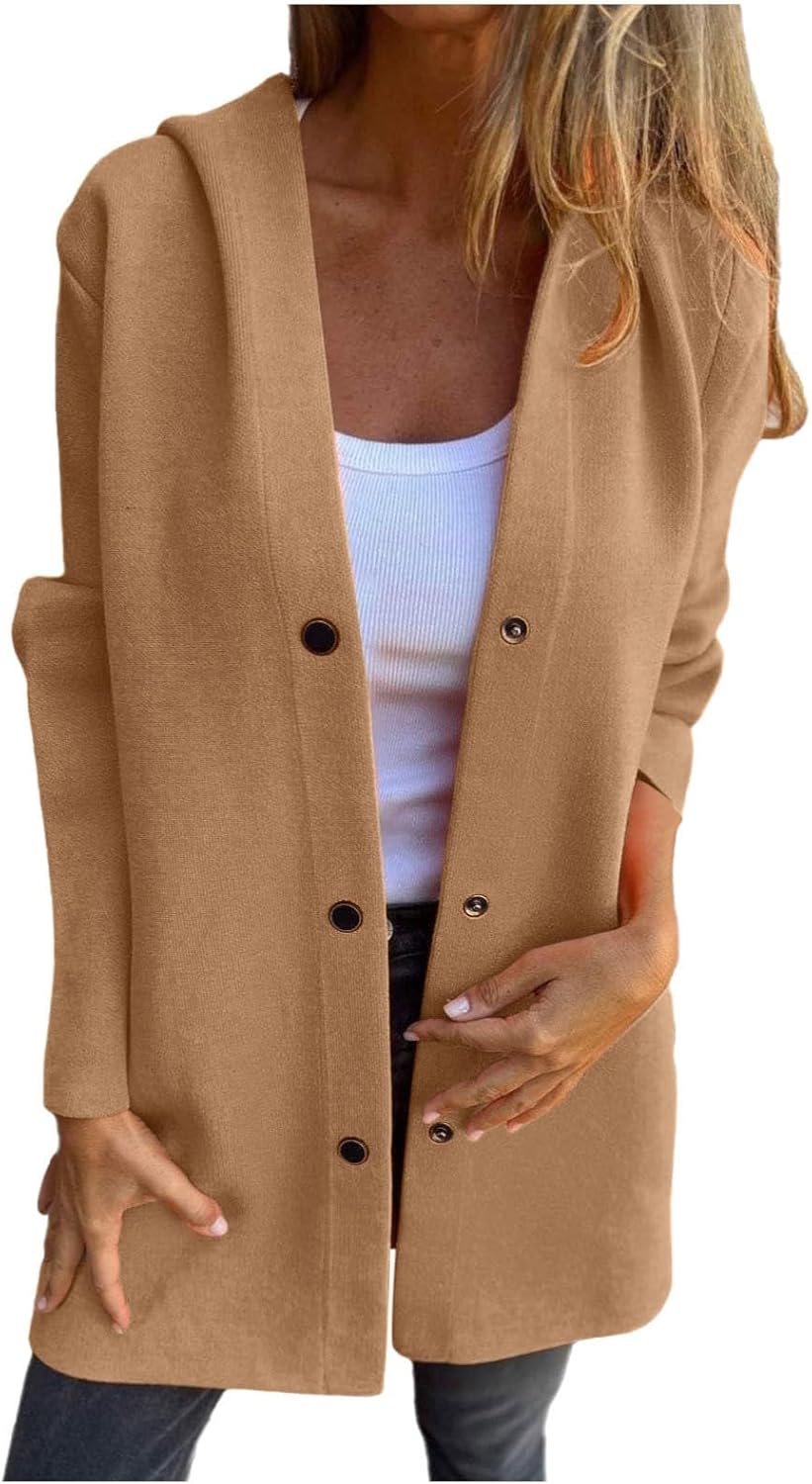 JiXiang Lightweight Jacket Women Single Breasted Hooded Trench Coat Lapel Long Sleeve Casual Button Up Overcoat with Pockets