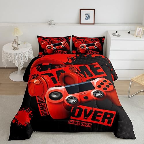 Juego de edredón de videojuegos para niños, tamaño individual, color rojo y negro, juego de ropa de cama de videojuegos para niños, niñas y