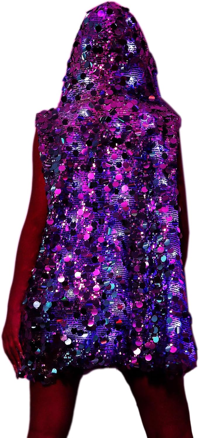 LED Light Up Vest for Women - Sparkling Sequined Rave Outfit with Multicolor Effects for Festivals,Glow Parties,Burning Man