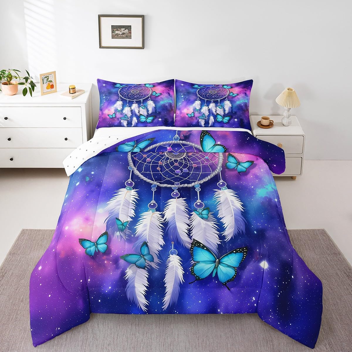 Erosebridal Dream Catcher Comforter Set Queen,Feather Mandala Butterfly Bedding Set for Girls Women Kids,Teal Purple Tie Dye Galaxy Comforter Set,Hippie Boho Dreamcatcher Quilt Duvet Set 3Pcs