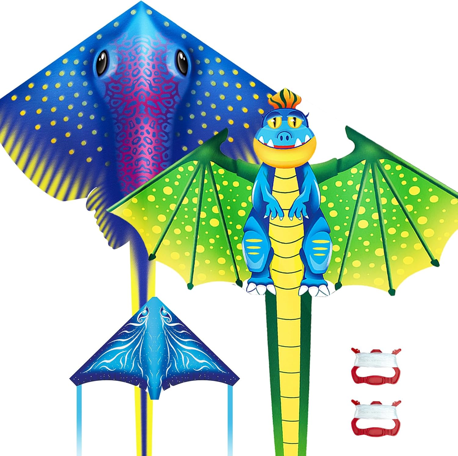 2 Pack Large Kites with 1 Pack Finger Launcher Kite for