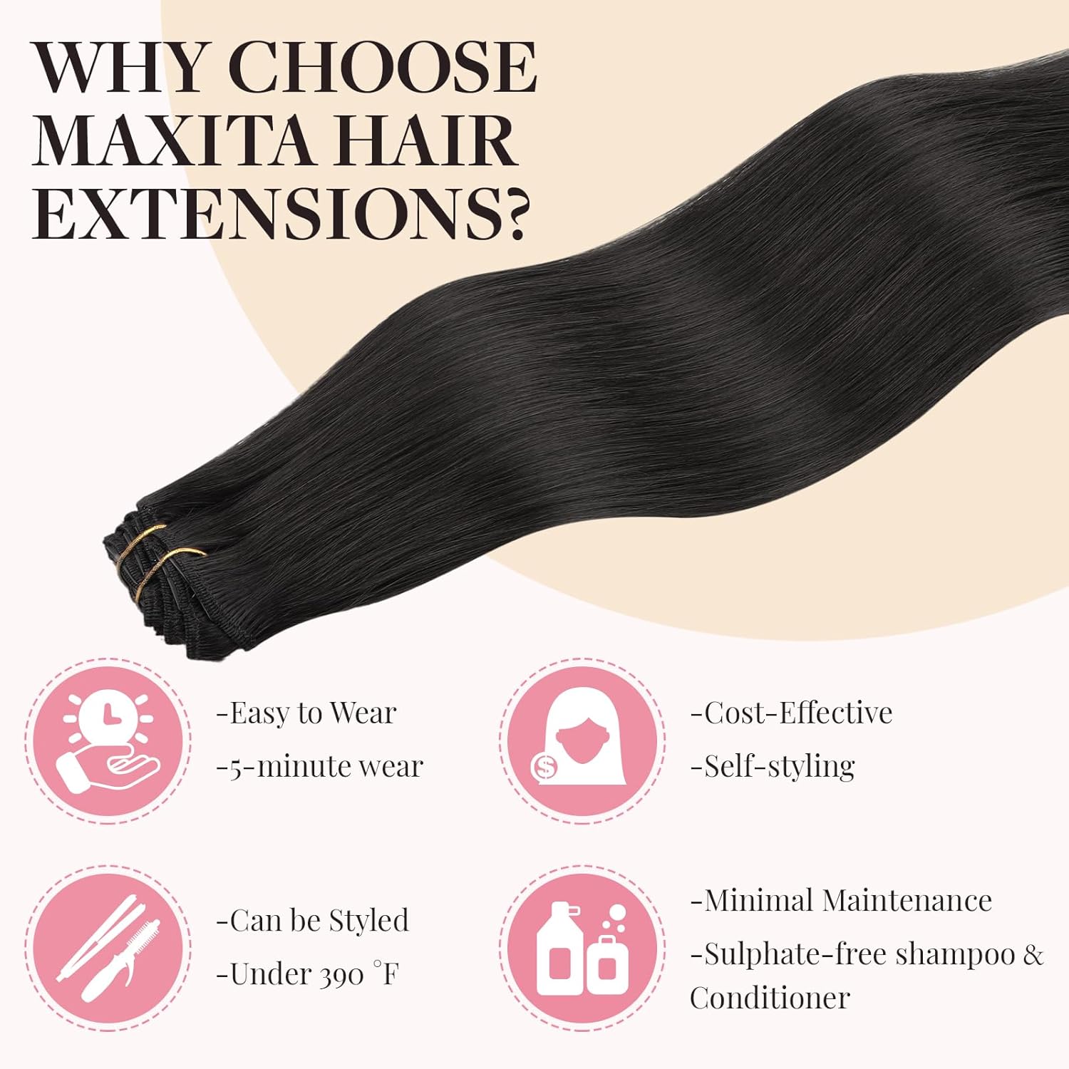 MAXITA Clip in Hair Extensions Real Human Hair 100% Remy Hair Extensions Clip ins Double Weft for Women,Natural Human Hair,16inch 70g 5Pcs,Natural Black