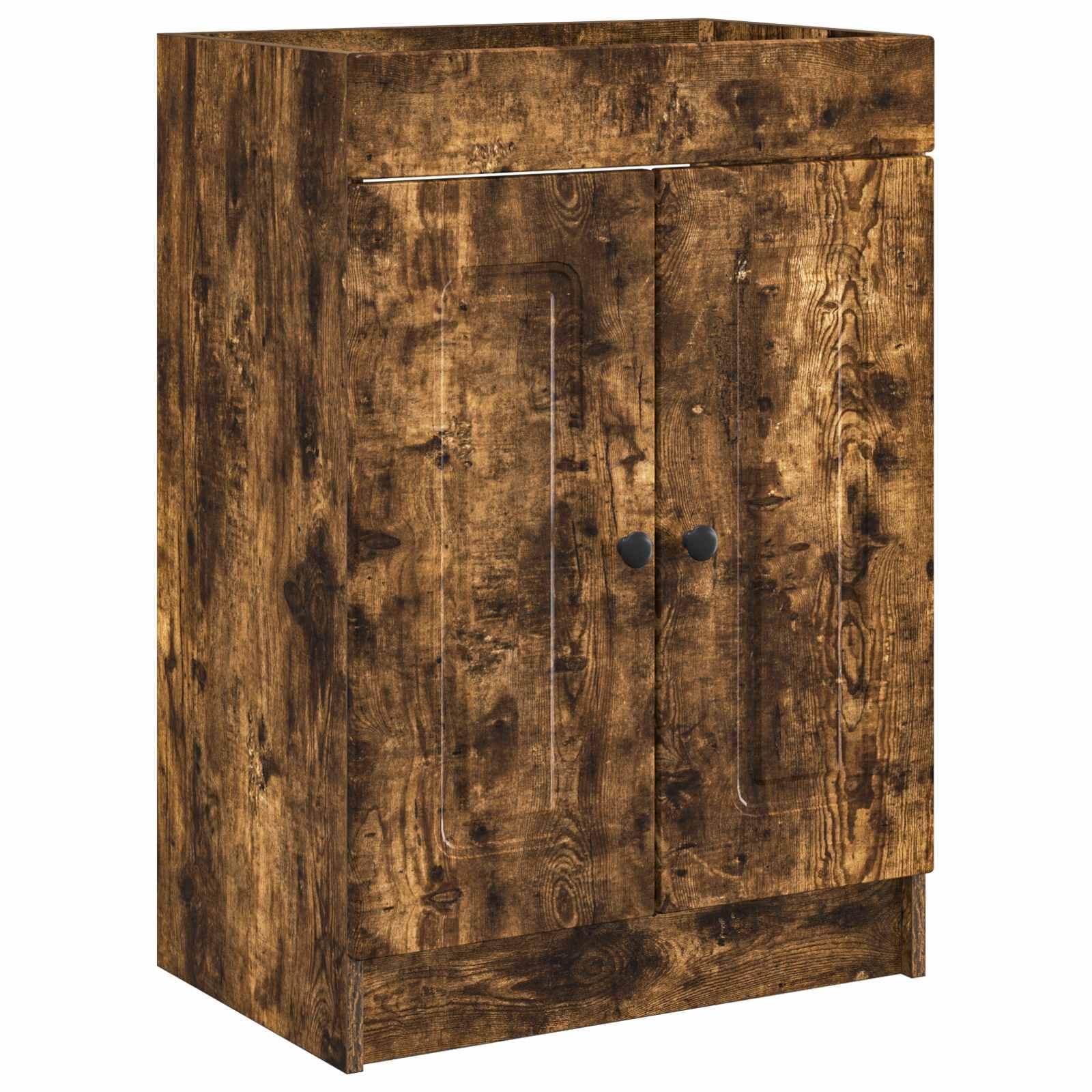 Mueble bajo lavabo 78,5 x 37,5 x 81 cm roble ahumado | Práctico mueble de baño de madera con dos puertas batientes y elegantes botones de metal negro.