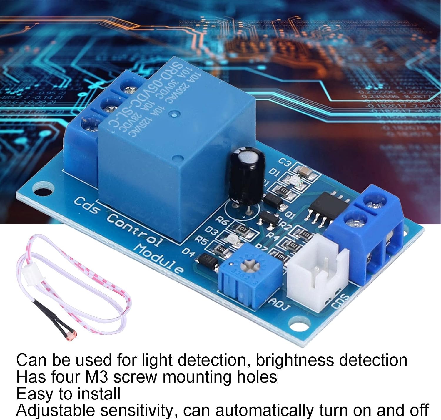 Eujgoov XH-M131 module with text overlay describing features like light detection and adjustable sensitivity