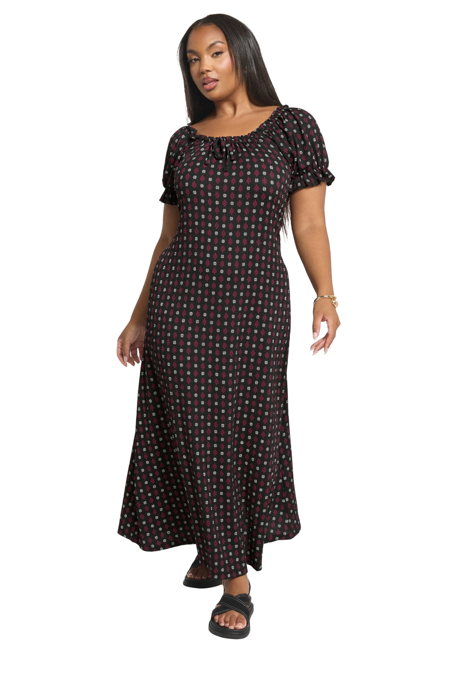 Yours Curve Ditsy Textured Milkmaid Dress - Women's - Plus Size Curve Black
