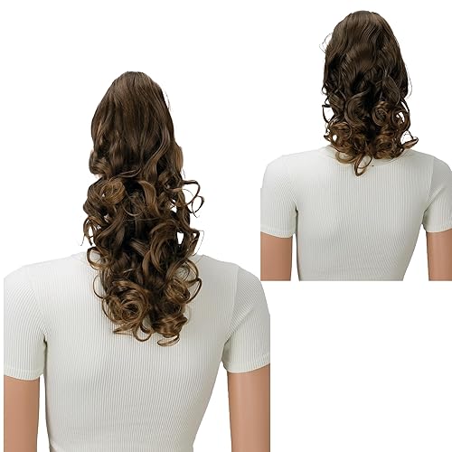 Miniatura 10 de Prettyshop - Extensión de cola de caballo 2 en 1 de 12 o 14 pulgadas, con clip, voluminosa, ondulada, marrón, mezcla H14-2