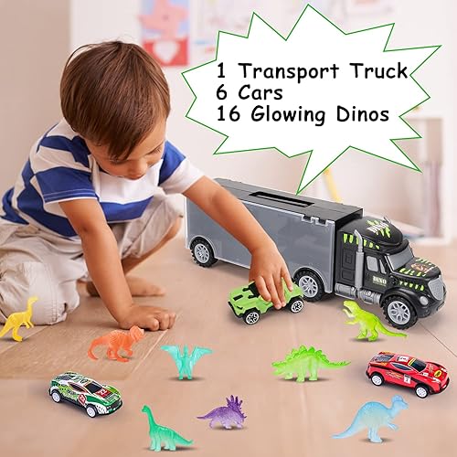 Miniatura 5 de Qirptey Camión de transporte de dinosaurios con 16 figuras de dinosaurios brillantes y 6 autos, camiones de juguete para niños de 3 a 7 años, estilo
