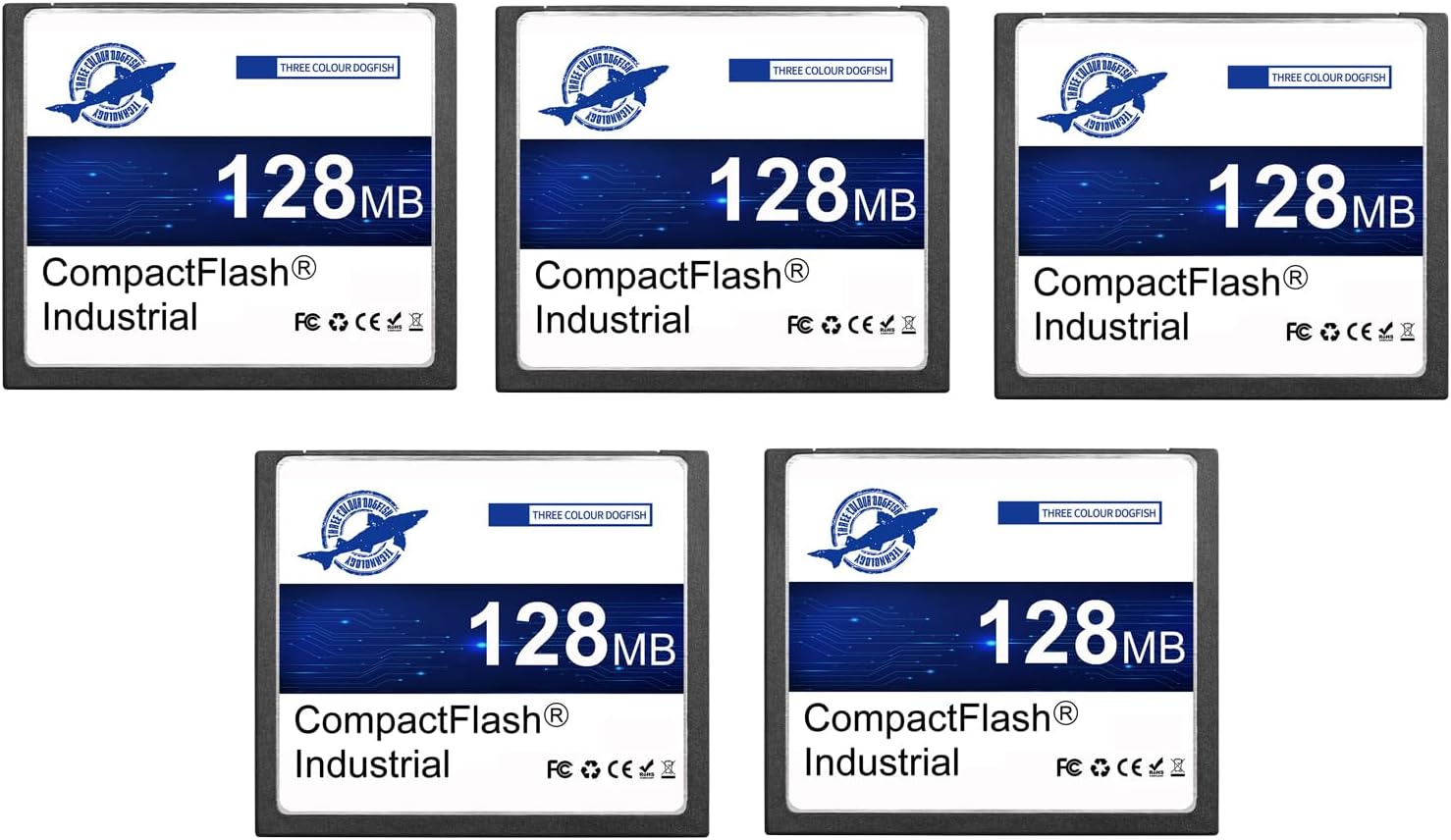 Dogfish Compact Flash Memory Card 128MB 5 Pack High Performance Industrial CF Type I Card FAT16 for Industrial Equipment and Vintage Digital Cameras