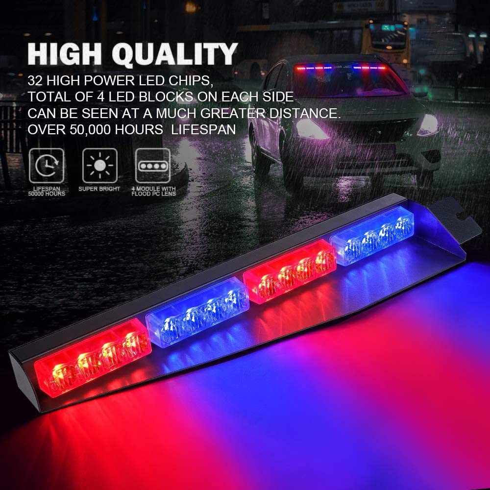 Riloer Barra de luz estroboscópica LED visera parasol interior luces intermitentes de advertencia de peligro de emergencia compatible con luz roja y azul universal