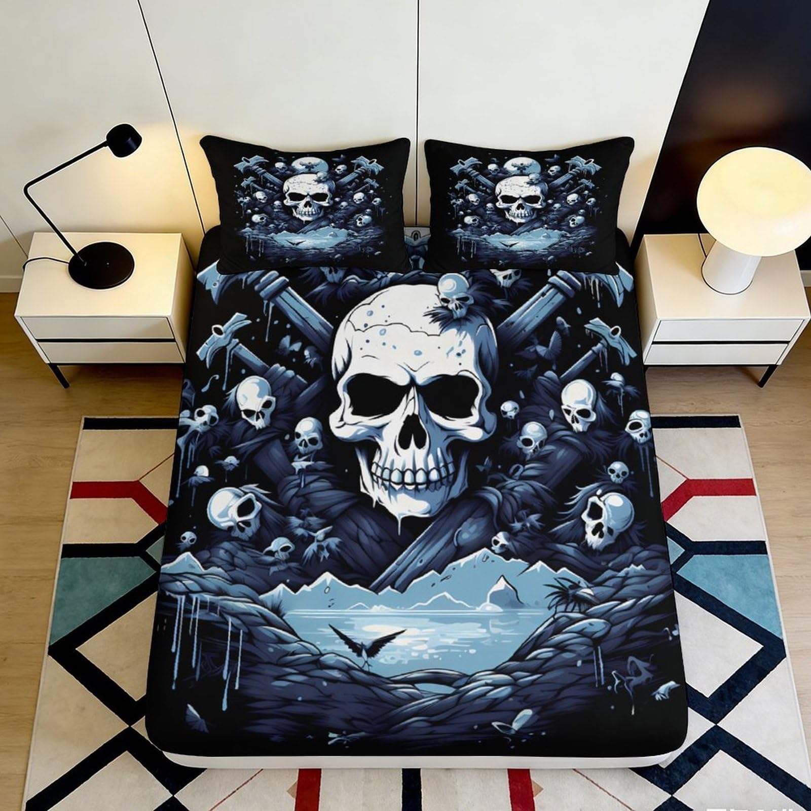 3D Printed Skull Night Fitted Sheet Microfiber Soft Black Gothic Bat Mattress Cover Bedroom Dorm Decor 120x200cm 120x200x25cm