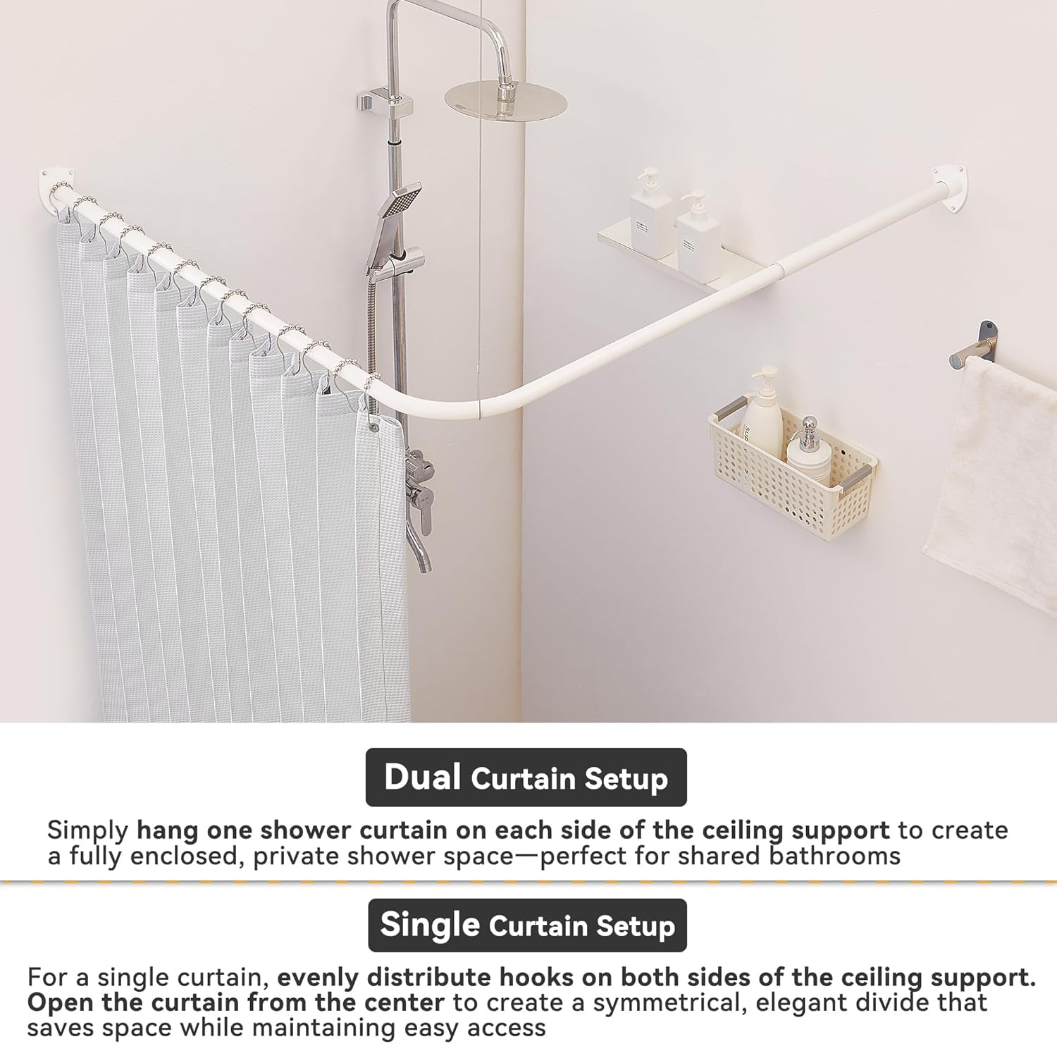 Asta per tenda da doccia, a forma di L, asta estensibile per tenda da doccia per bagno, negozio di abbigliamento, in acciaio 304, con 12 ganci ad anello e supporto a soffitto (bianco, 60-130 cm x 60
