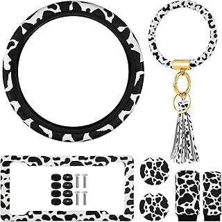 Sponsored Ad - 7 Pieces Cow Print Car Accessories Cow Steering Wheel Cover Cow License Plate Frame with Screws Cow Car Cup...