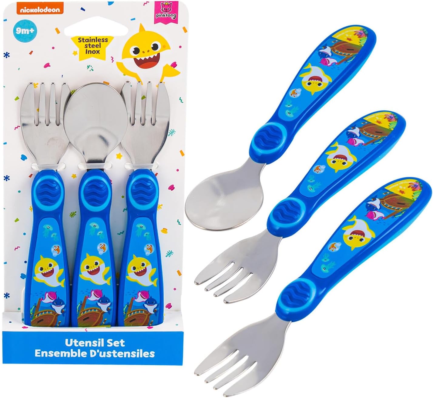 Pink Fong Baby Shark Toddler Forks and Spoon Set - 3 Pieces - Dishwasher Safe Utensils