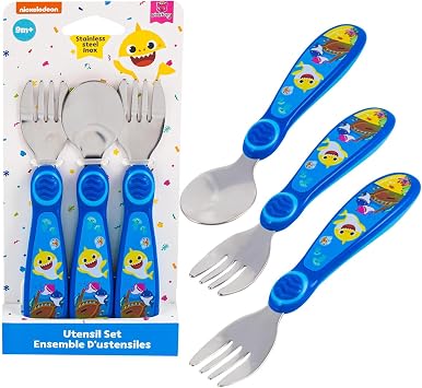 Pink Fong Baby Shark Toddler Forks and Spoon Set - 3 Pieces - Dishwasher Safe Utensils