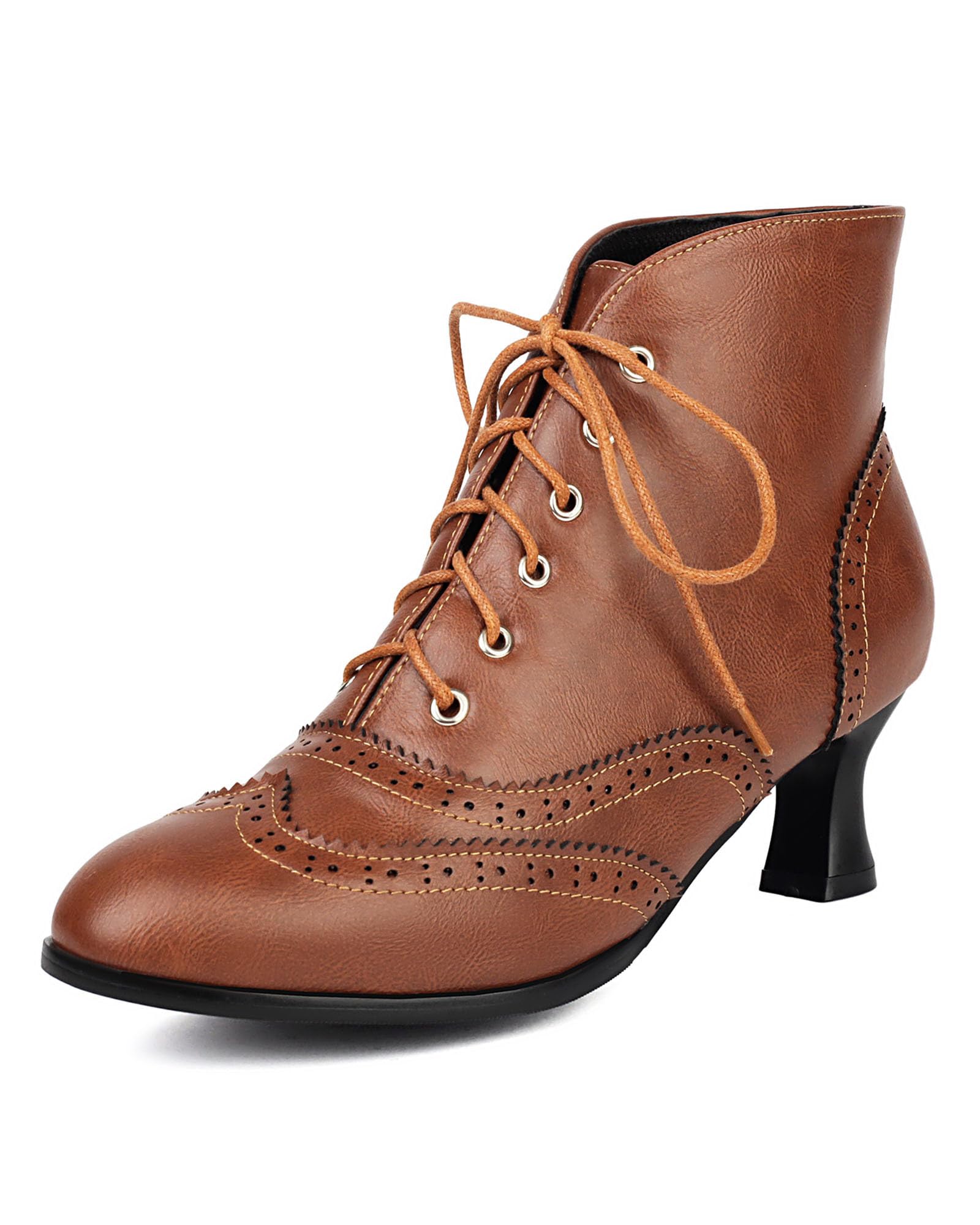 SHEMEE Womens Vintage Victorian Boots Kitten Heels Ankle Booties Lace Up Oxford Brogues Boots Wingtip Perforated Tie Up