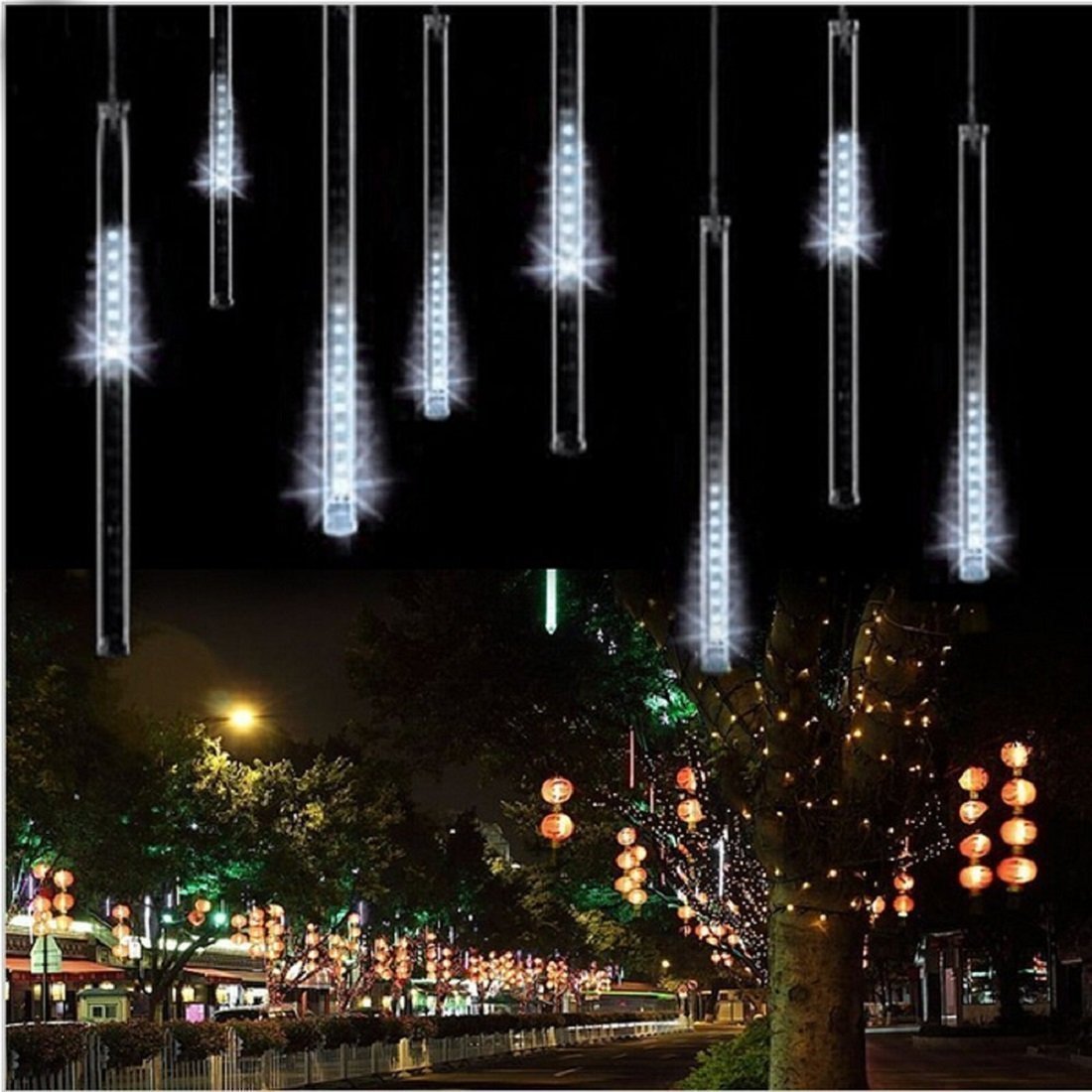 KINGCOO LED Météore Douche Solaire Lumineux Jardin, Etanche Goutte D'eau Chute Cascading 30cm 10 Tubes 360LEDs Décoratif Guirlandes Lumières pour Fête Vacances Noël Décorat (Blanc)