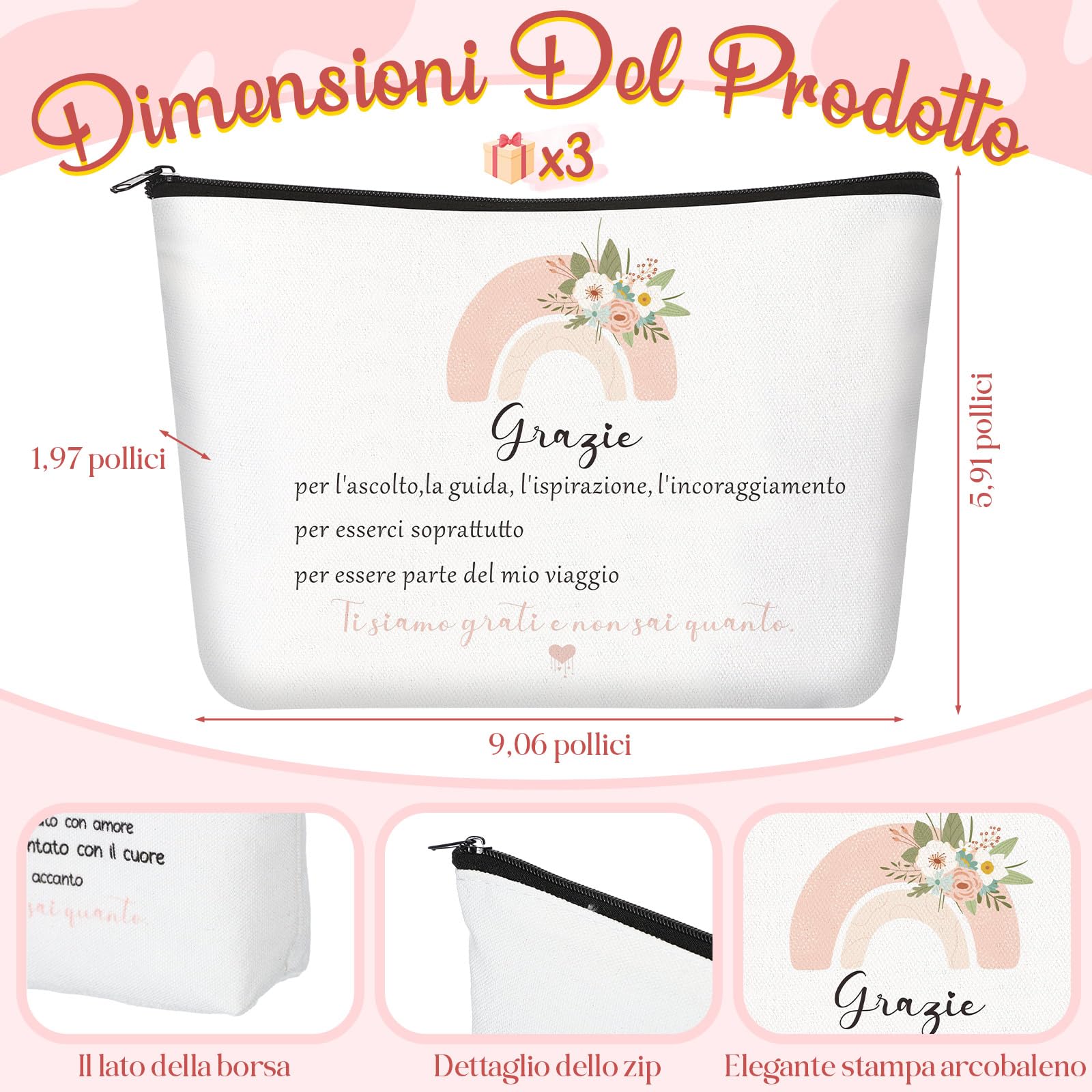 Xuniea 3 Sets Regalo Maestra Regalo Maestra Fine Anno Regali per Insegnanti, Borse Cosmetici Portachiavi Penne e Biglietti per Grazie, Laurea, Compleanno, ‌Festa degli Insegnanti