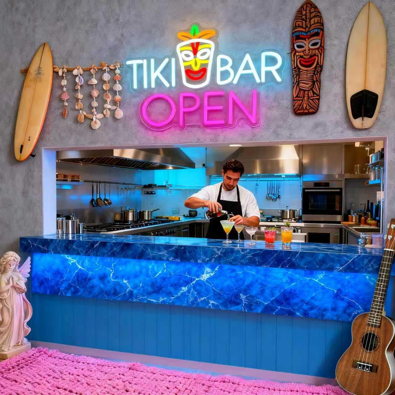 Tiki Bar Neon Sign, Tiki Bar Led Light Signs for Wall Decor Open Hawaii Tropical Luau Party Decorations for Pub Bistro Night Club Home Man Cave Dimmable USB Powered Pink(16.9"*11.4")