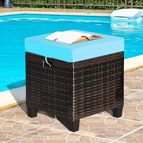 Vista 29 de Tangkula Patiojoy - Mesa auxiliar de ratán de polietileno tejida a mano con cojín extraíble y espacio de almacenamiento oculto, caja de Turquesa