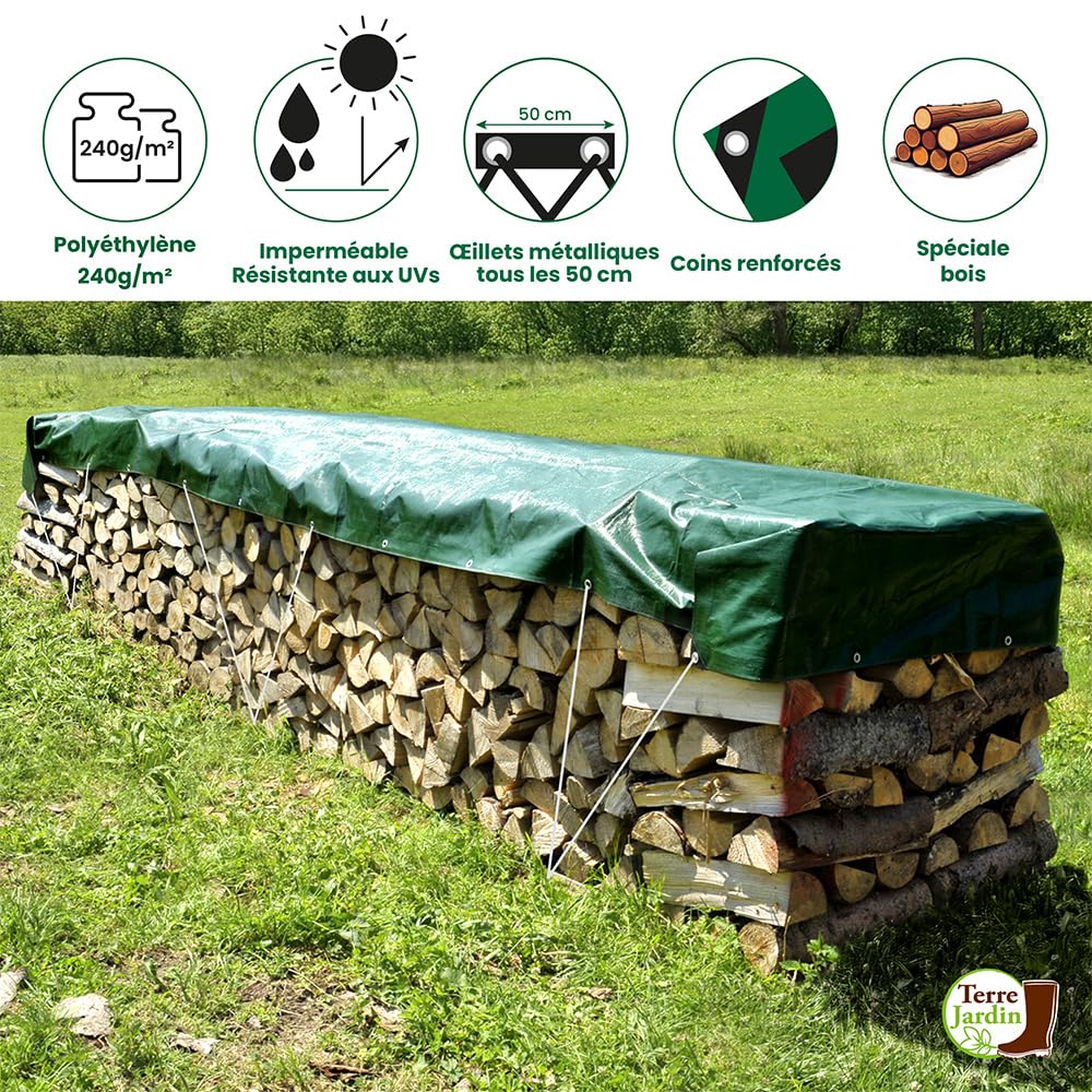 TERRE JARDIN Bâche de Protection Extérieur Polyéthylène 240 g/m² - Bâche Imperméable, Couverture Lourde et Résistante - Bâche Bûche de Chauffage - 2 x 8 - Vert