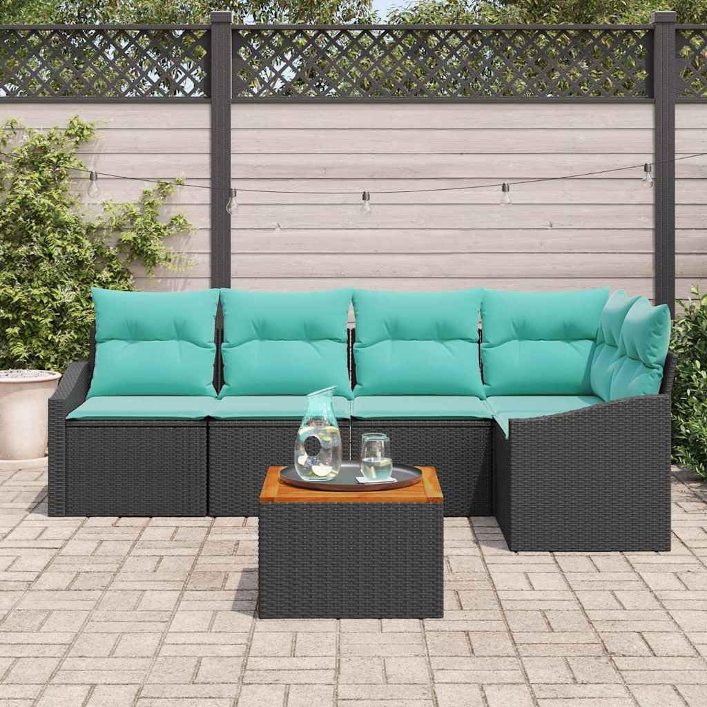 Ensemble de Canapé de Jardin 6 Pièces en Résine Tressée Noire, Salon de Jardin Modulable avec Table en Bois d'Acacia et Coussins Confortables pour Terrasse et Patio, 5 Places
