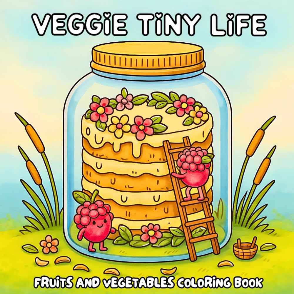 Veggie Tiny Life: Fruits and Vegetables Coloring Book for Adults and Teens Featuring Adorable Characters, Jar Landscapes, Peaceful Moments, and Creative Calm Scenes for Stress Relief