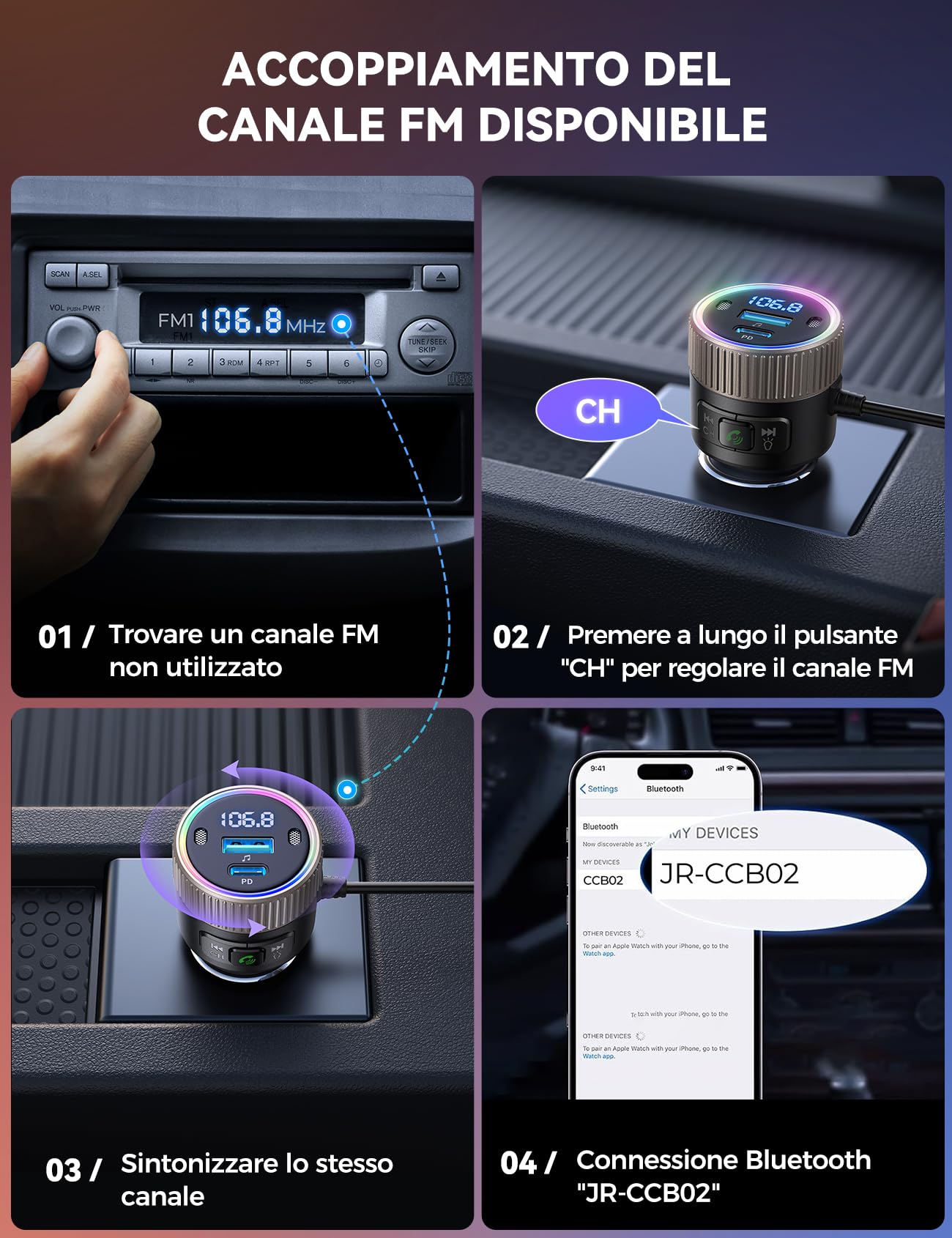 JOYROOM 2024 Ultimo Trasmettitore Bluetooth 5.4 per Auto 60W [PD 30W e Cavo a Spirale USB-C 30W] Adattatore Bluetooth Auto per Lettore Musicale Hi-Fi, Vivavoce, Doppio Microfono, Luce LED, Disco U