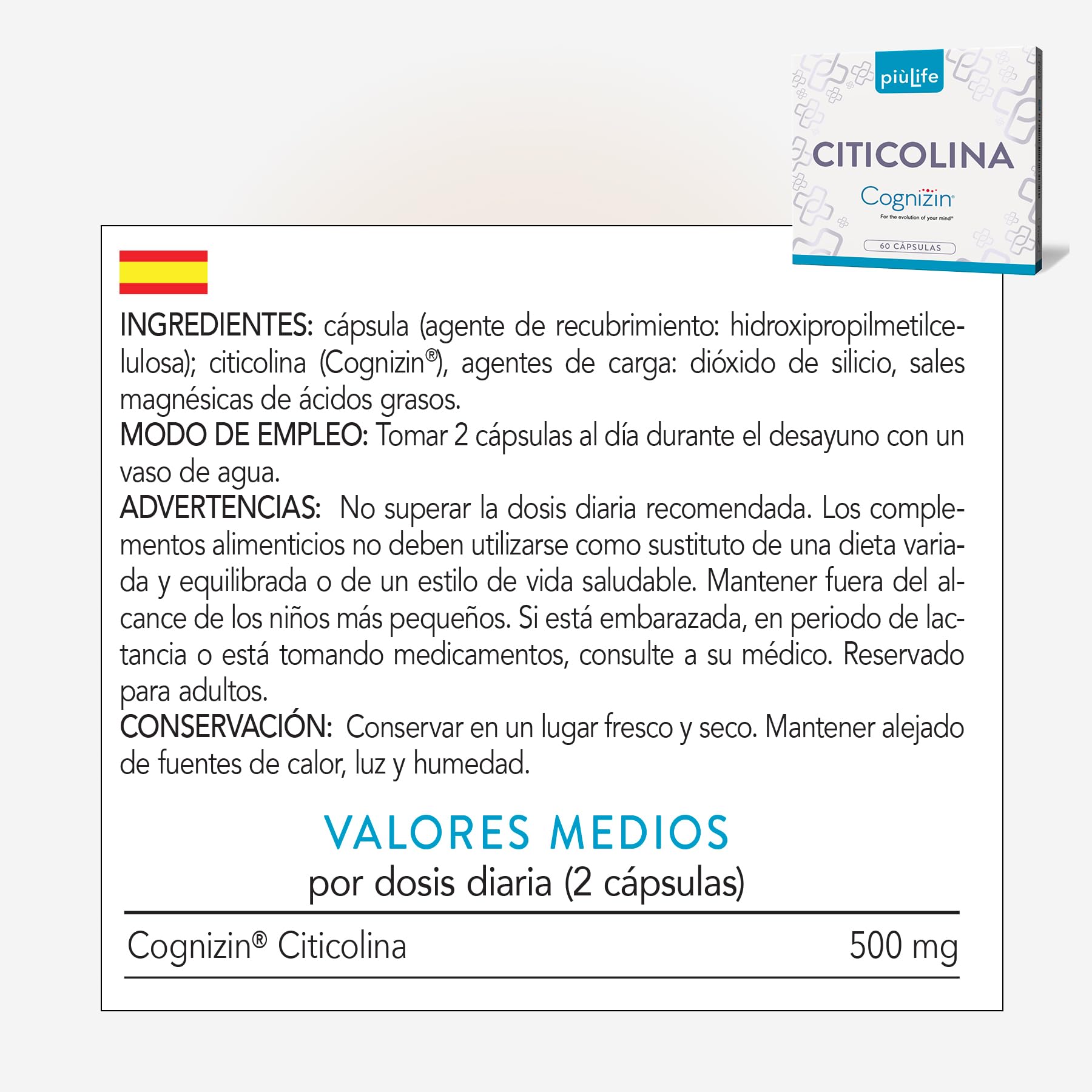 Citicolina 500mg Cognizin PiùLife, 60 Cápsulas, Suplemento Memoria Y Concentración, CPD-Colina Capsulas Para La Memoria, 2 Al Día, Sin Gluten Y Sin Lactosa