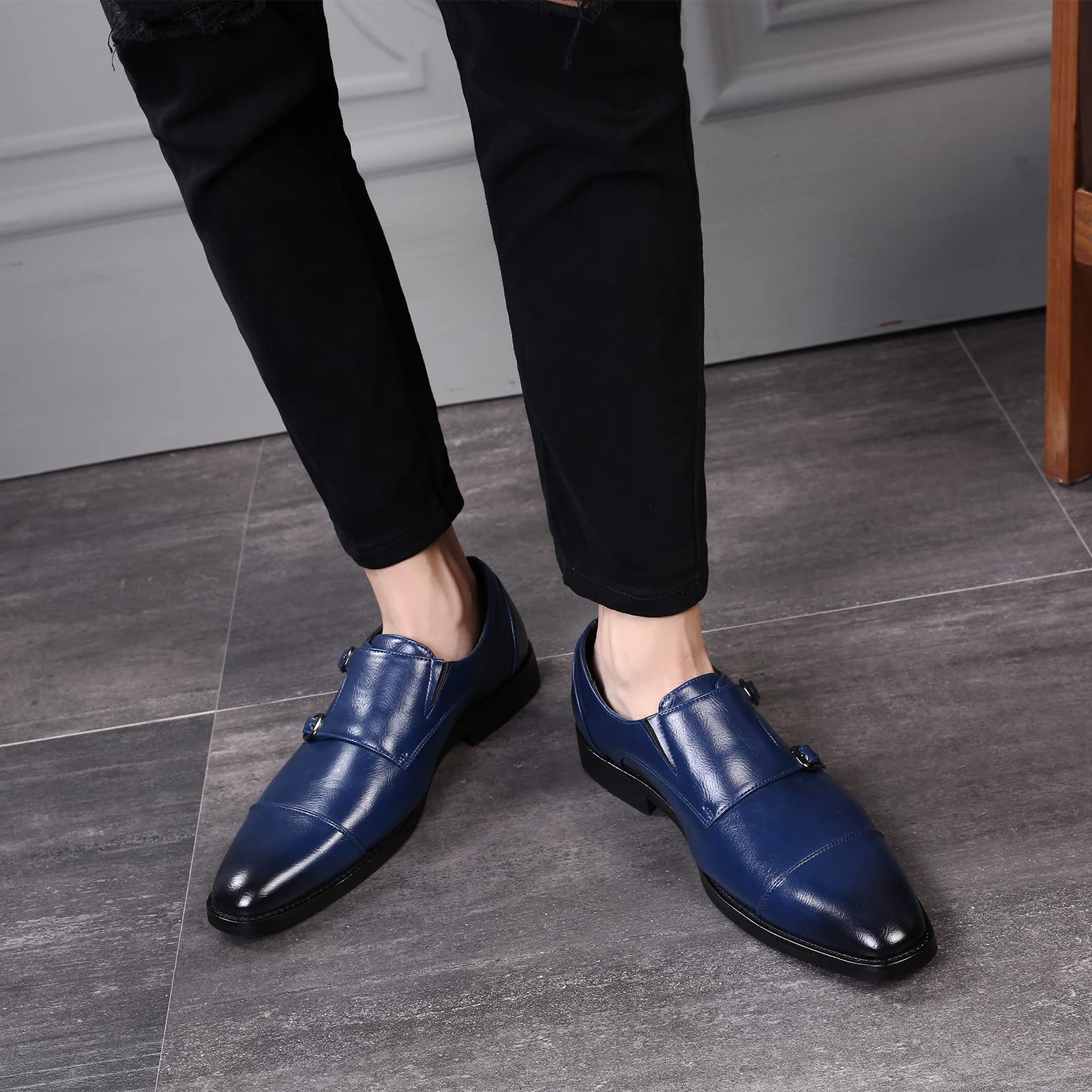 ANUFER Caballero Elegante Puntera Doble Hebilla Zapatos de Monje Imitación Cuero Formal Zapatos de Vestir