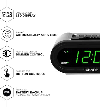 Sharp AccuSet Self-Setting Alarm Clock with Auto DST, Green LED