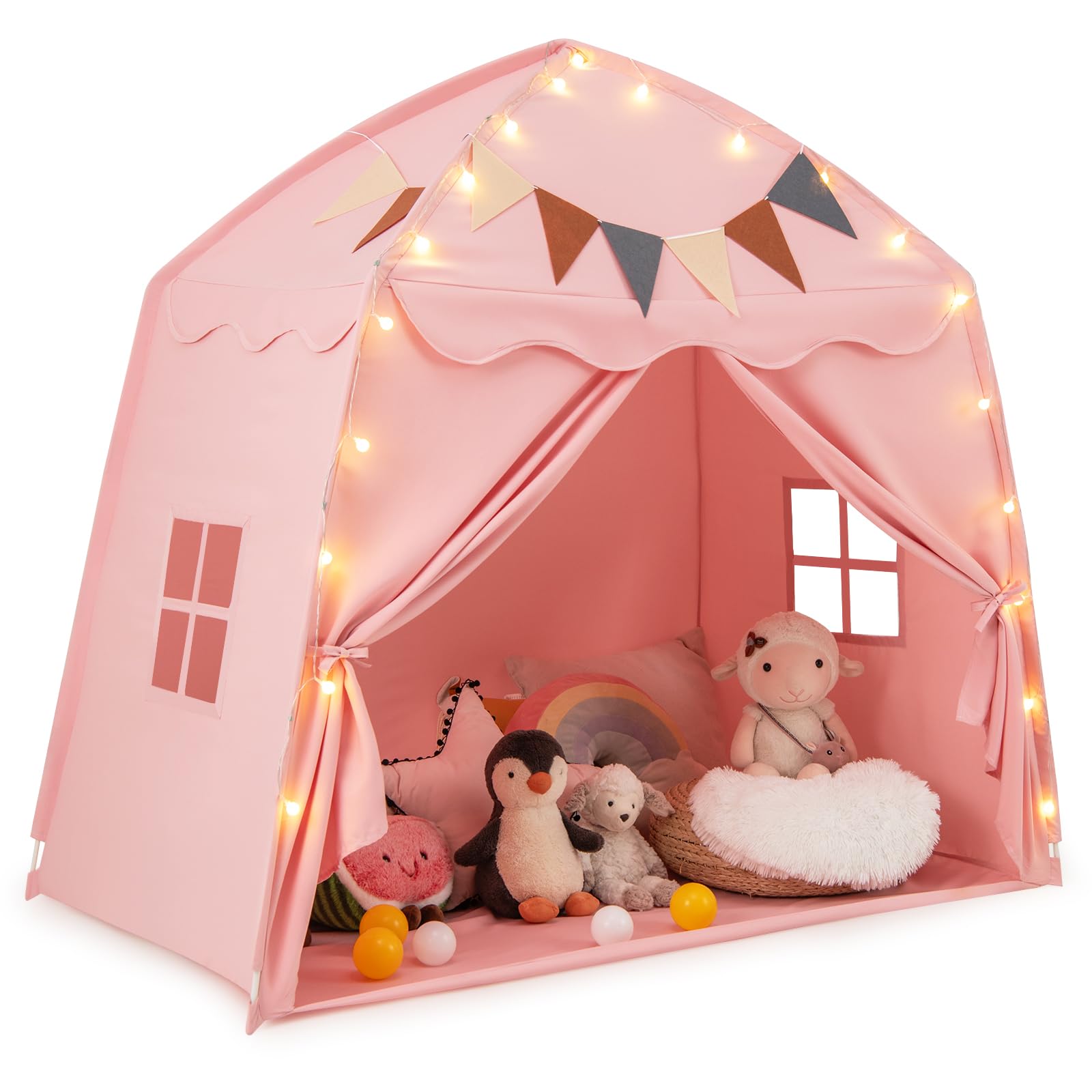 COSTWAY Kids Play Tent, Toddler Bed Tents with String Lights, Flag Banner, 2 Windows, Indoor Outdoor Castle Fairy Playhouse for Boys Girls (Pink)