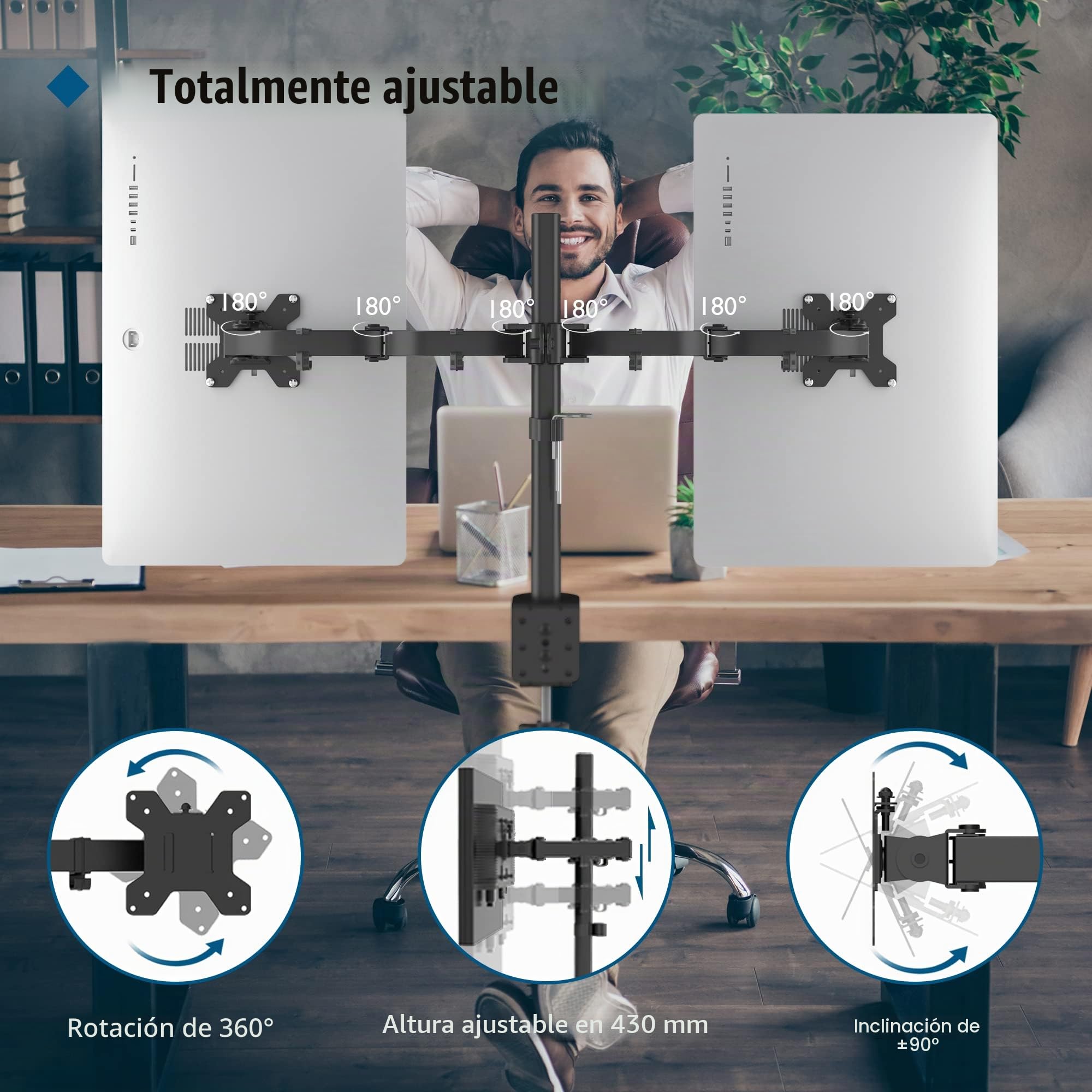 BONTEC Soporte Monitor Doble para Monitor 13-27 Pulgadas LED/LCD, Soporte 2 Monitores Peso Máximo 10KG de Cada Brazo, Giro de 360° y Rotación de 180°, Altura Ajustable, VESA 75/100 mm, Negro