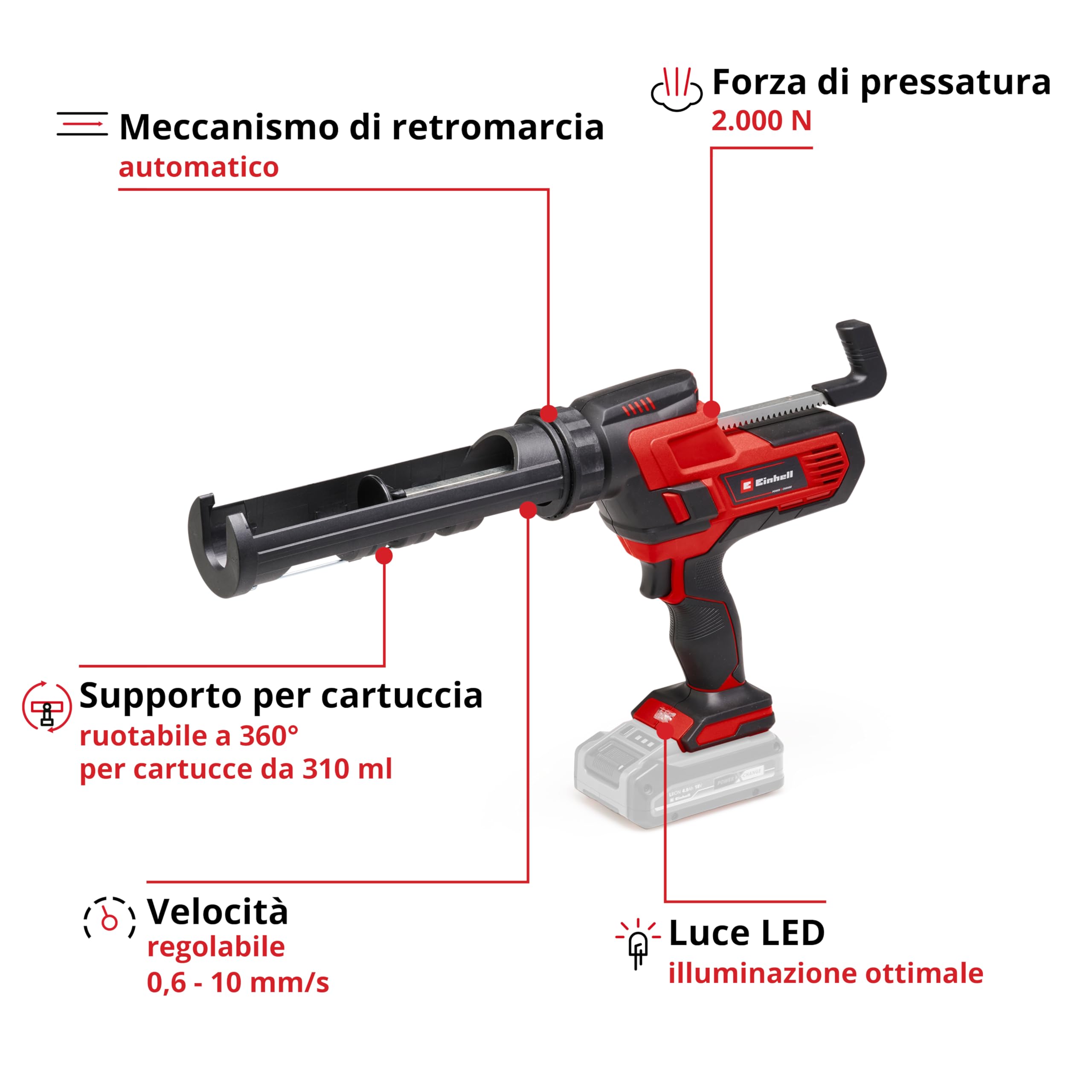 Pistola per silicone a cartuccia Einhell a batteria TE-SG 18/10 Li-Solo Power X-Change (18 V, per cartucce da 310 ml, regolabile fino a 2.000 N, batterie escluse)