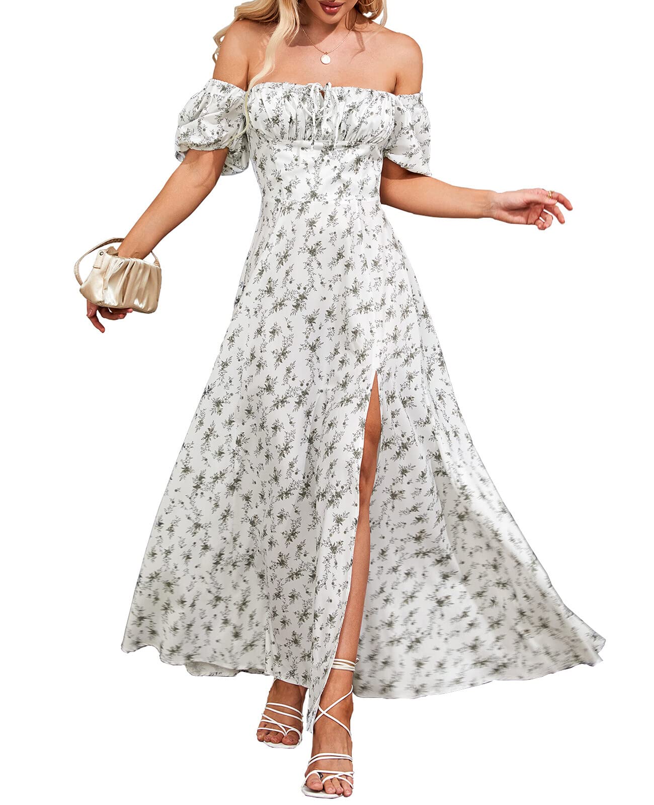 KUTUMAI Women Summer Puff Sleeve Off Shoulder Floral Flowy Long Maxi Dress