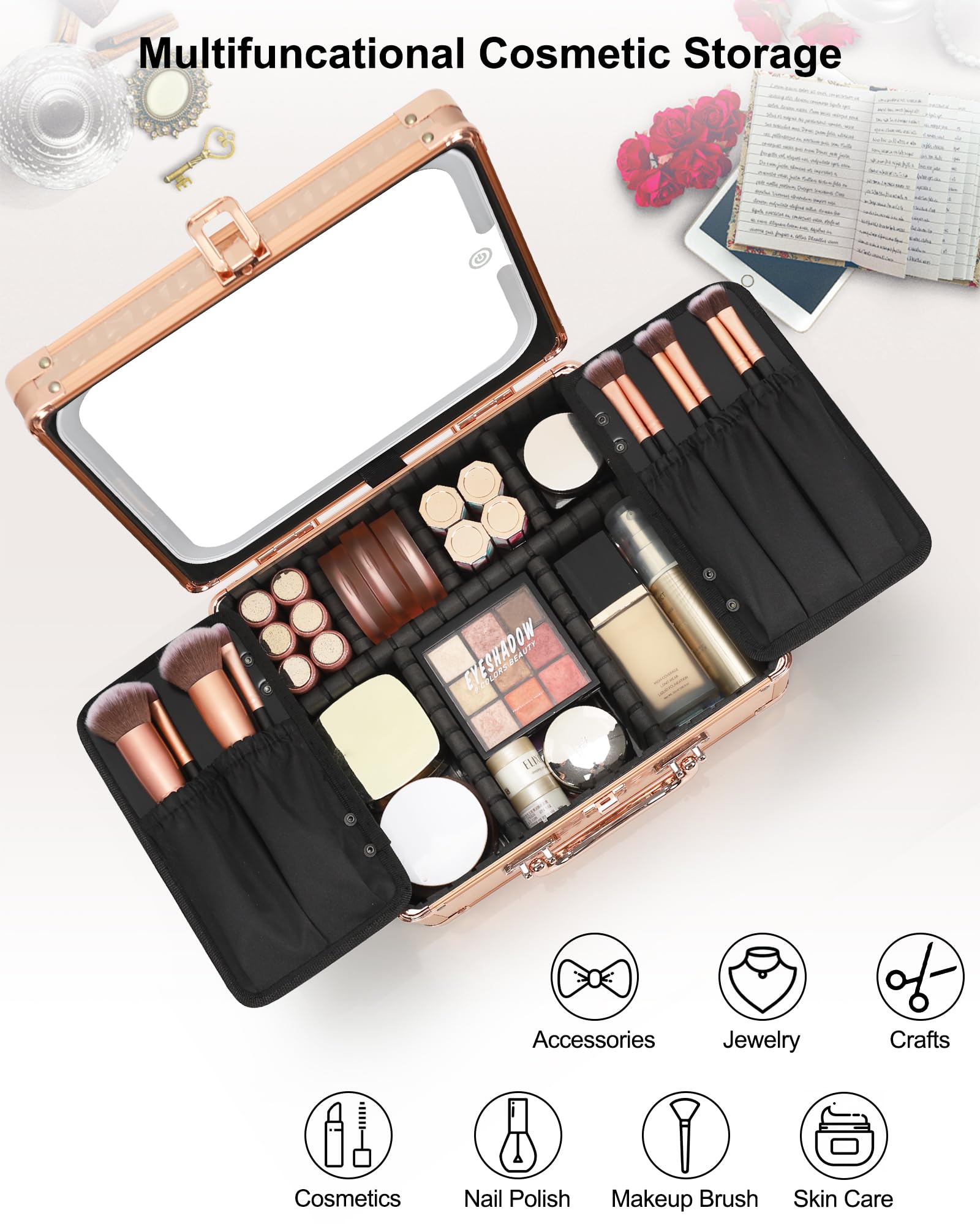 Relavel Beauty case con specchio a LED, scatola per trucchi da viaggio con specchio illuminato ricaricabile, organizer per pennelli per truccatori, regali per donne e ragazze, oro rosa