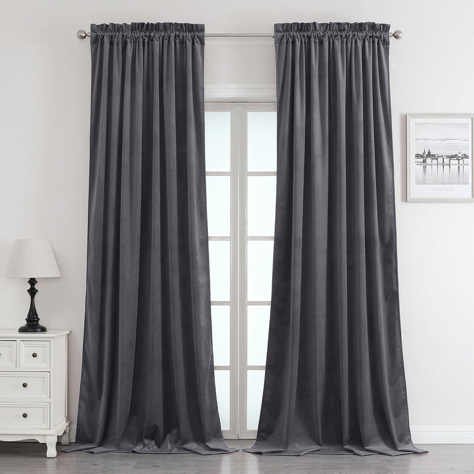 Benedeco Charcoal Gray Velvet Curtains 52x108, Rod Pocket, 2 Panels