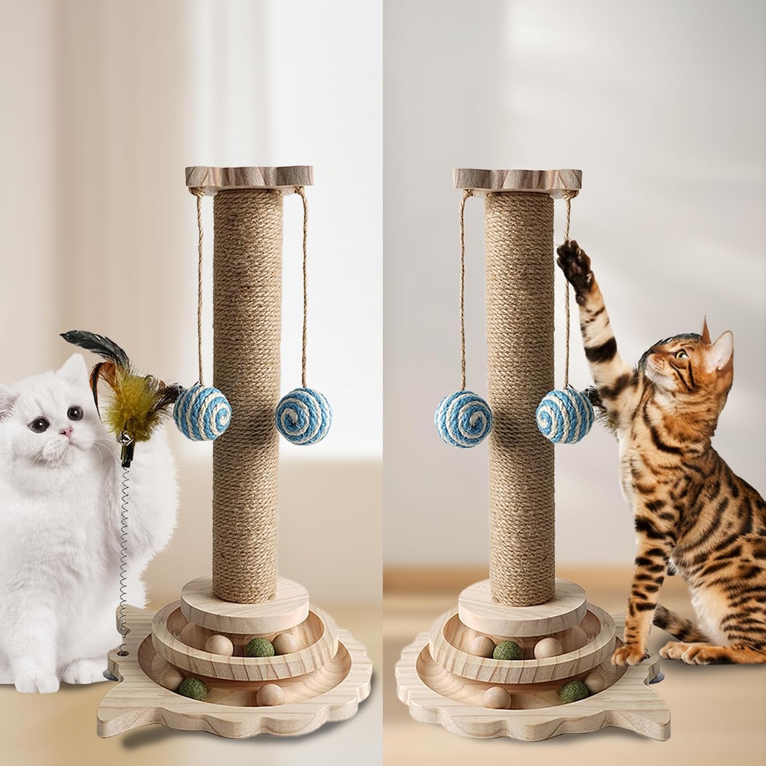 review Cat Scratching Post, 4 in 1 Wooden Cat Scratcher Toy, 18