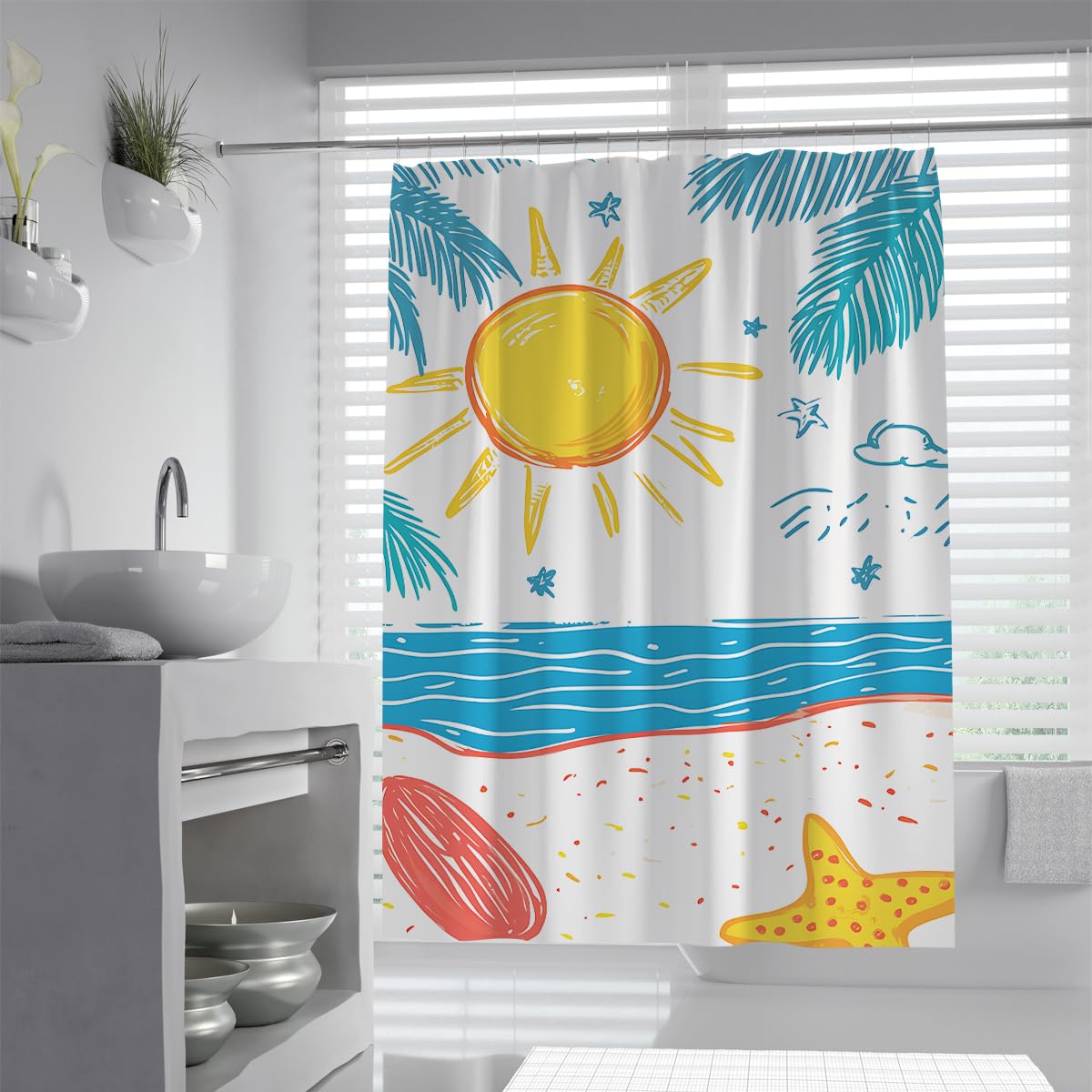 Cortinas de Ducha de Verano Dibujadas a Mano W150xL200cm grafitis adorables Sol Estrella de mar Palmera Estampada decoración de baño Infantil Impermeable Resistente al Moho con Ganchos