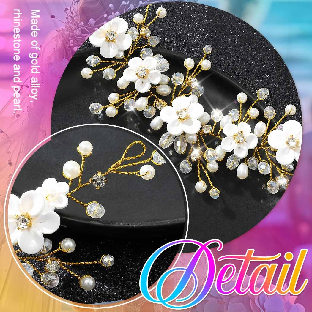 HEREAD Flower Bride Wedding Hair Vine Pearl Bridal Headband Rhinestones Hair Breath Accessories for Women and Girls (B Gold) - Image 4