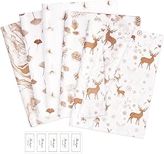 Larcenciel Christmas Tissue Paper w/Sticker 70X50cm, 50 Sheets Metallic Rose Gold Tissue Paper for Gift Bags & Wrapping Gifts, Reindeer Plant Patterned Gift Wrap for Xmas, New Year, Party